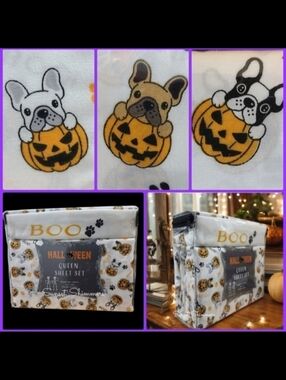 4pc Halloween French Bulldog Frenchie Dog Boo Pumpkin QUEEN Bed Sheet Decor New